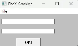 PhoX CrackMe 主窗口包含两个输入框和 OK 按钮