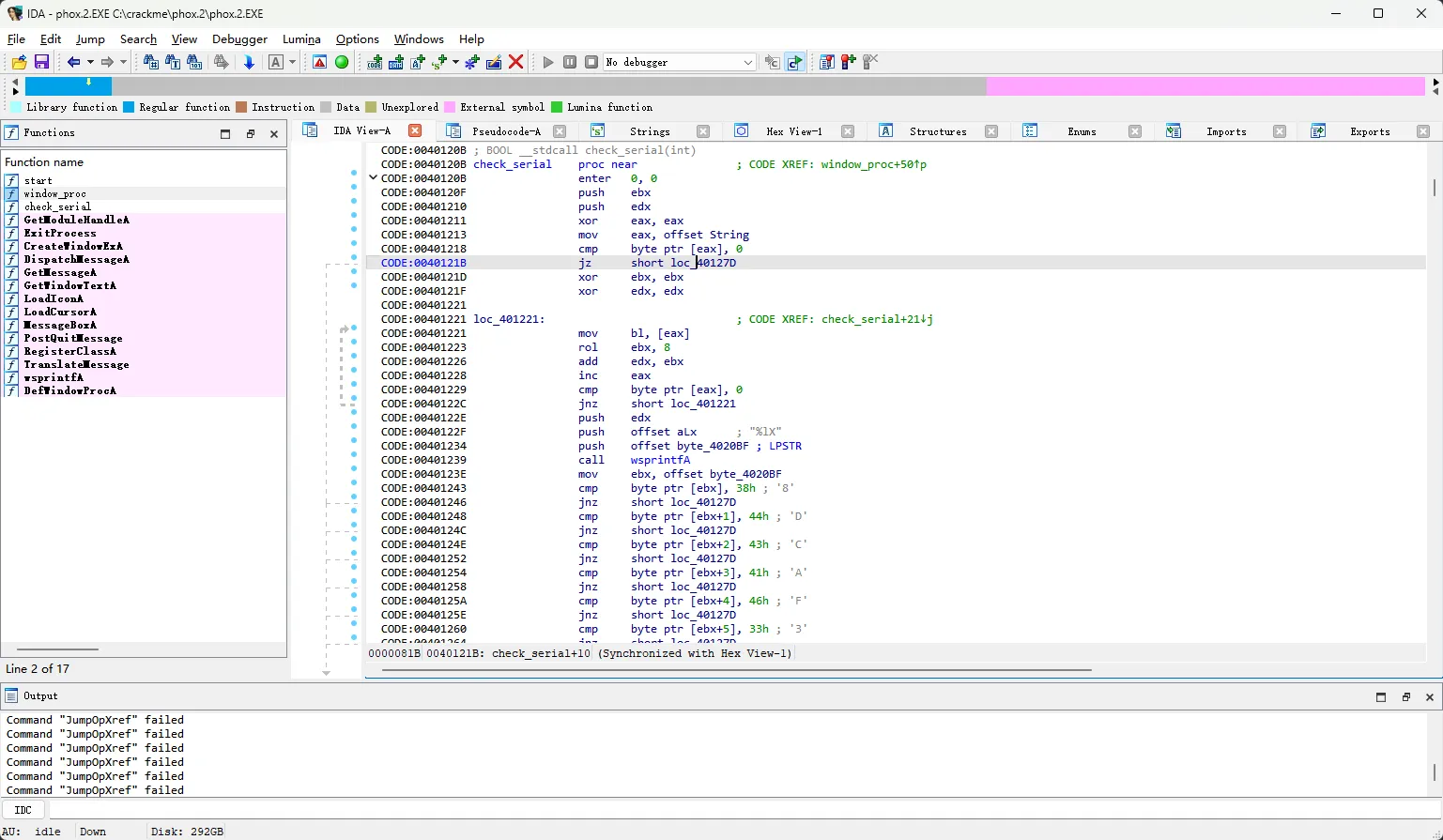 IDA 反汇编显示 check_serial 的字符循环:mov bl、rol ebx、add edx 和 jnz 回跳