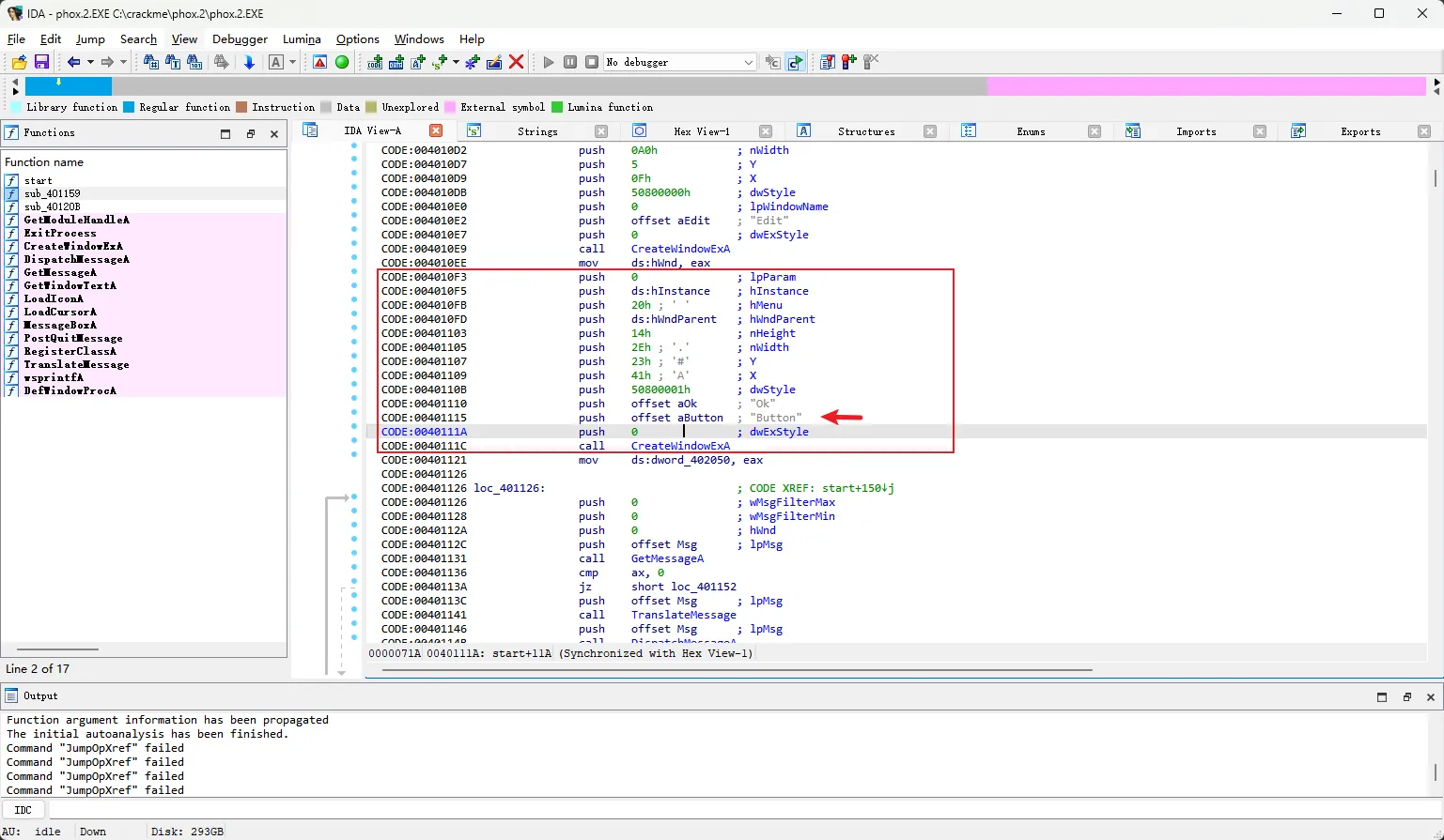 IDA 文本视图显示 CreateWindowExA 创建 Button:lpWindowName 为 Ok,hMenu 为 0x20