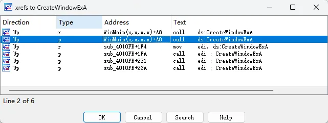IDA 交叉引用列表显示 CreateWindowExA 的 p 和 r 引用
