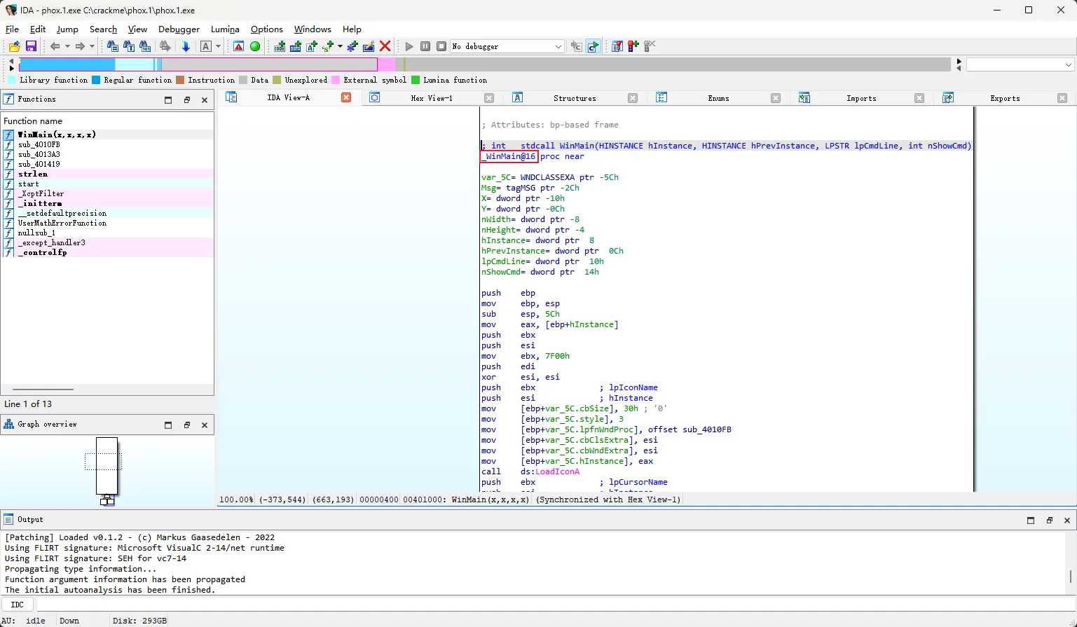 IDA 默认停在 _WinMain@16，地址为 0x401000，函数头显示 Attributes: bp-based frame
