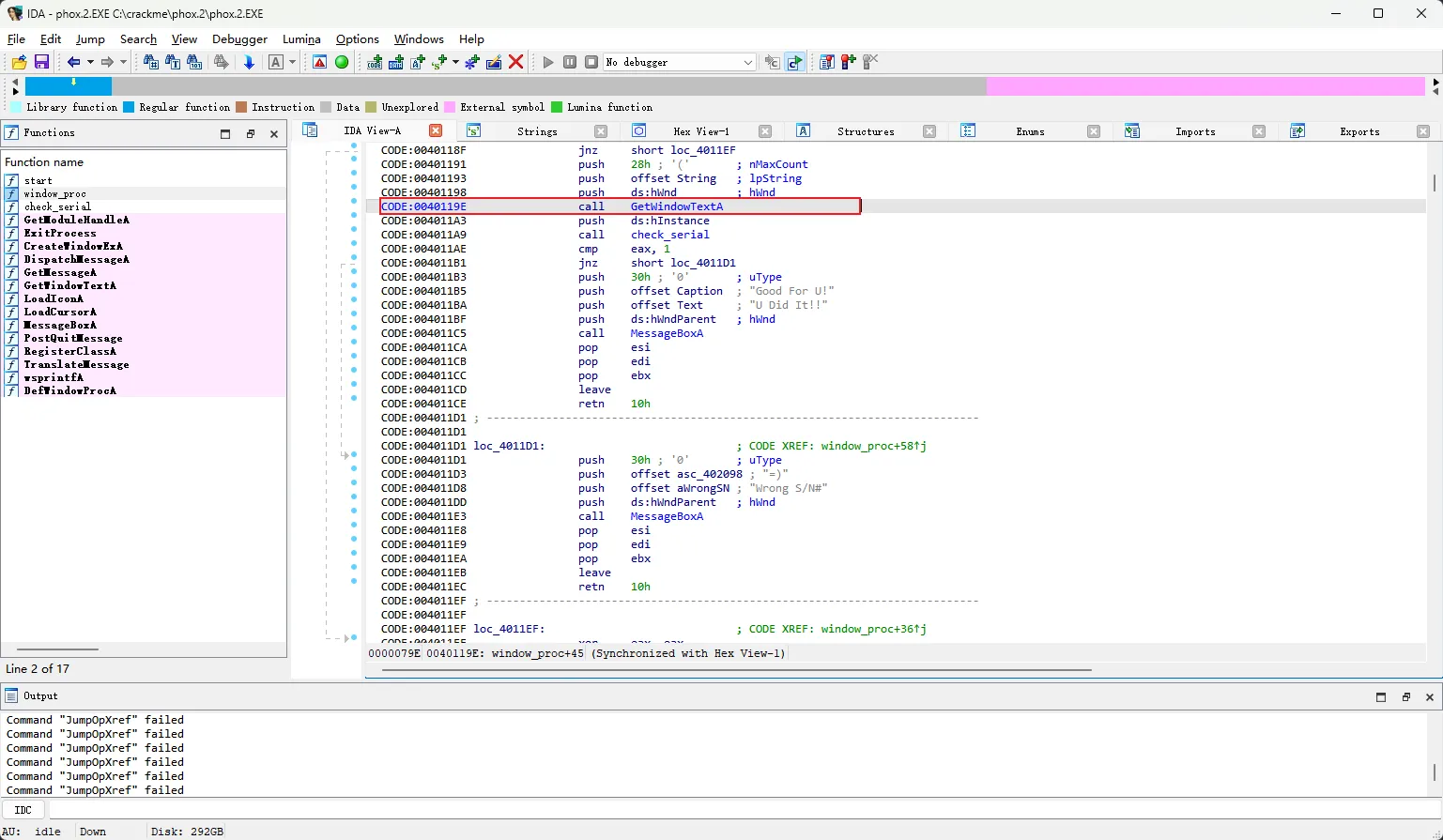 IDA 跳回 window_proc 中调用 GetWindowTextA 的真实位置