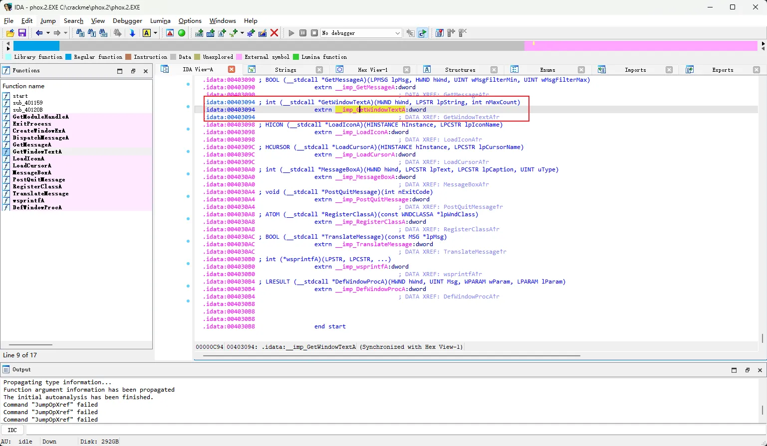 IDA 显示 GetWindowTextA 的 IAT 槽位和 DATA XREF 链接