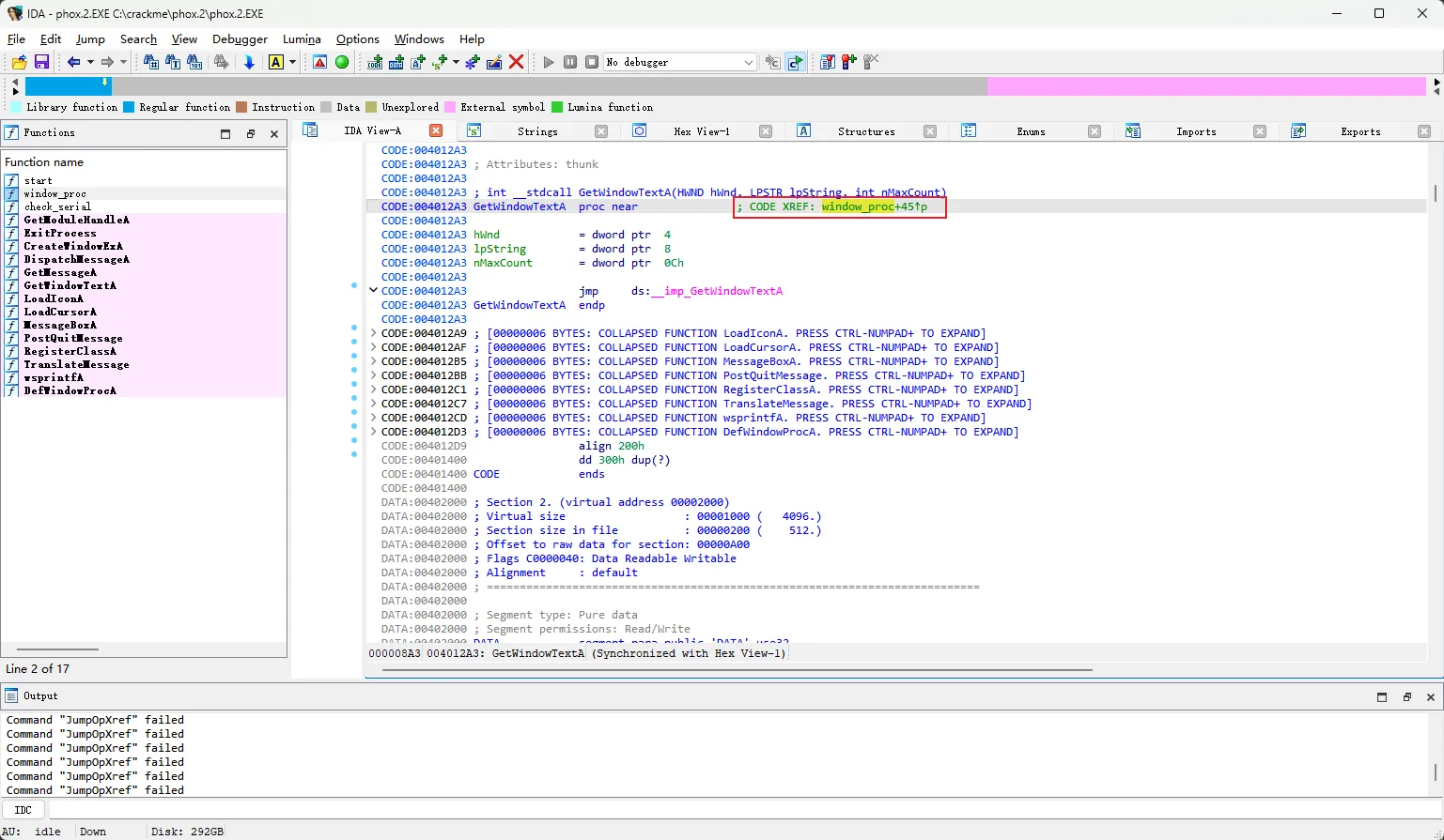 IDA 显示 GetWindowTextA 导入跳板:CODE XREF 来自 window_proc,jmp 通过 IAT 进入 USER32