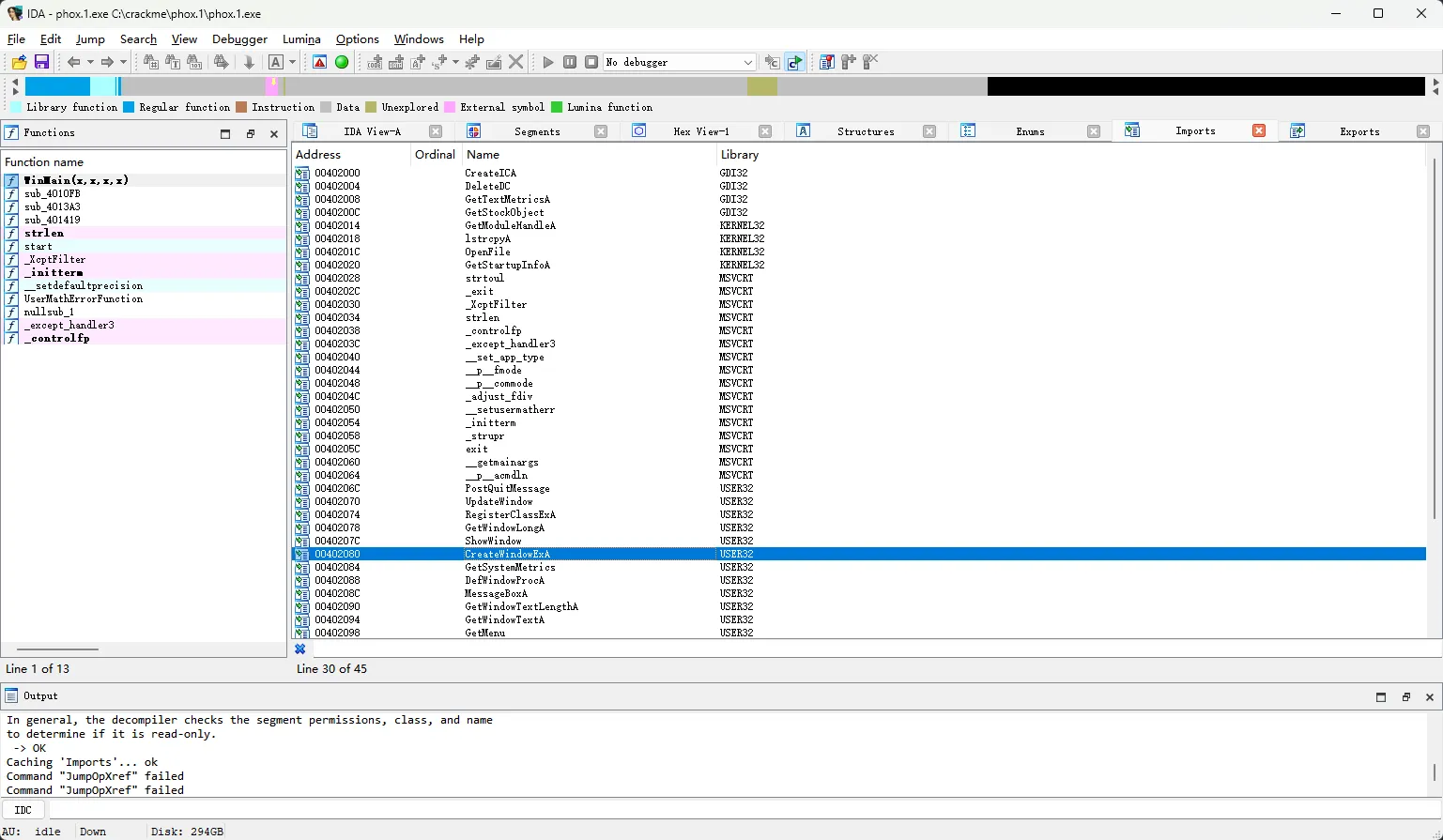 IDA Imports 窗口选中 USER32 的 CreateWindowExA 导入项