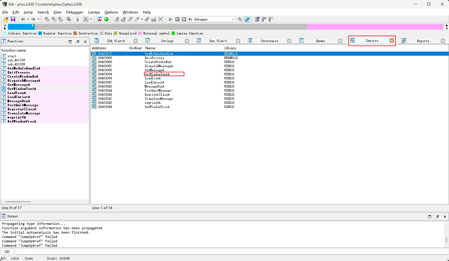 IDA Imports 窗口列出 USER32 和 KERNEL32 的 14 个导入函数