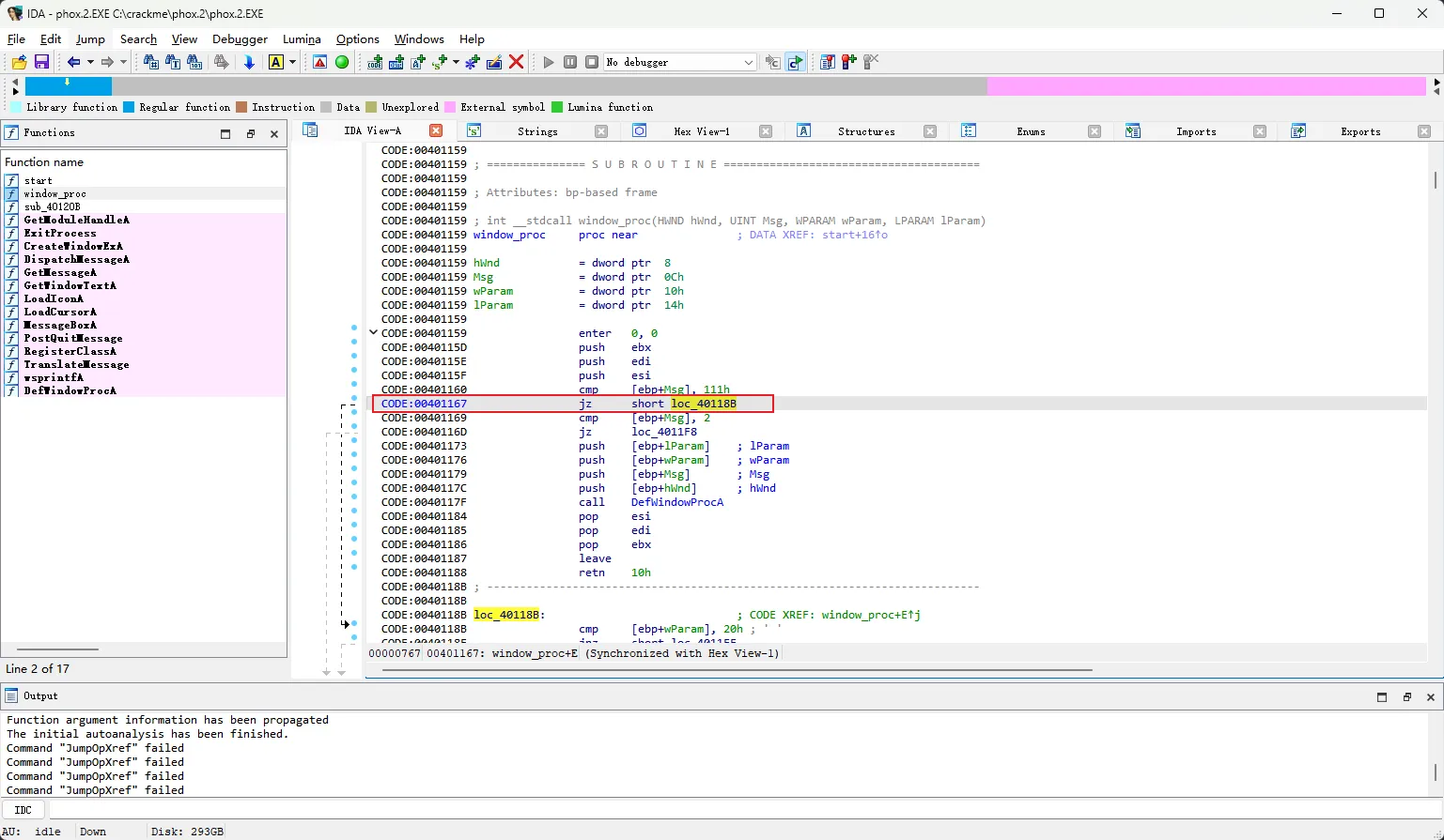 IDA 显示 window_proc 的 WM_COMMAND 分派:jz 跳转到 loc_40118B