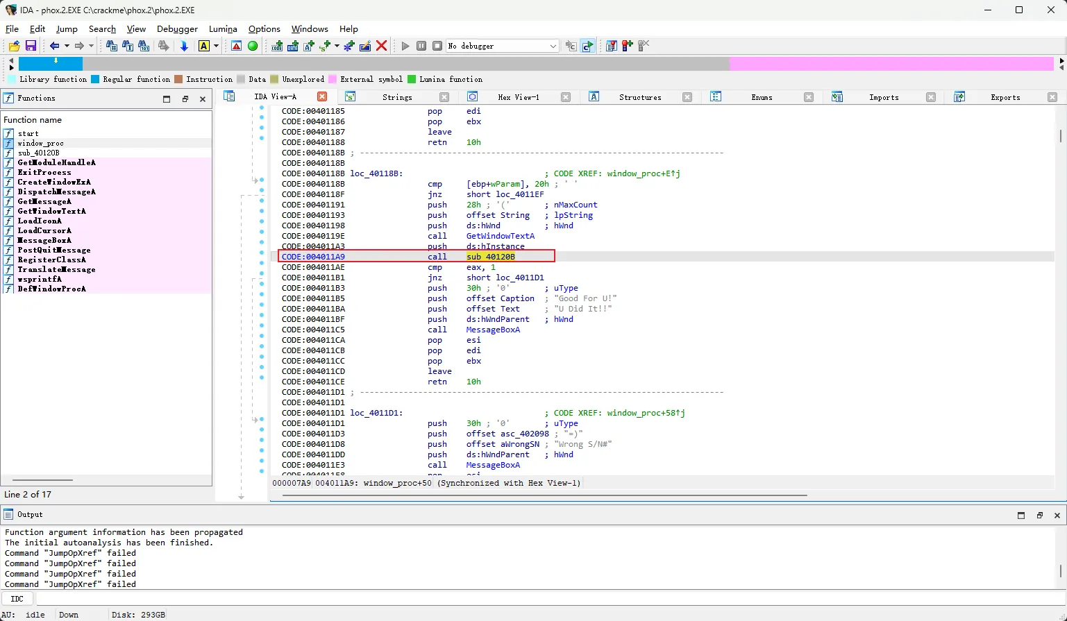 IDA 显示 WM_COMMAND 分支读取输入后调用 sub_40120B