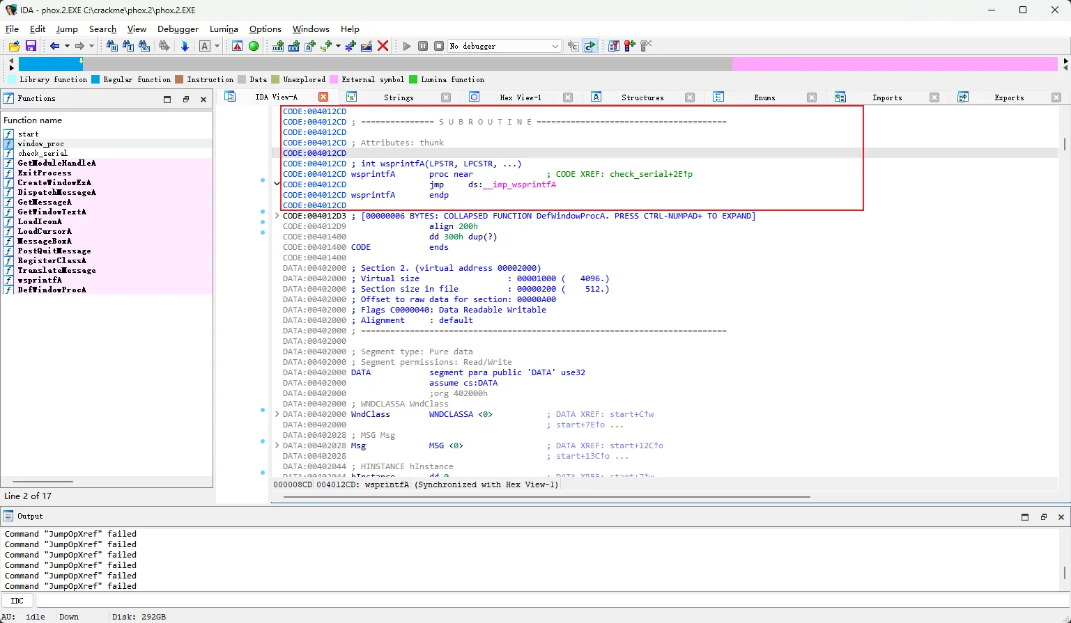 IDA 显示 wsprintfA 导入跳板,CODE XREF 来自 check_serial