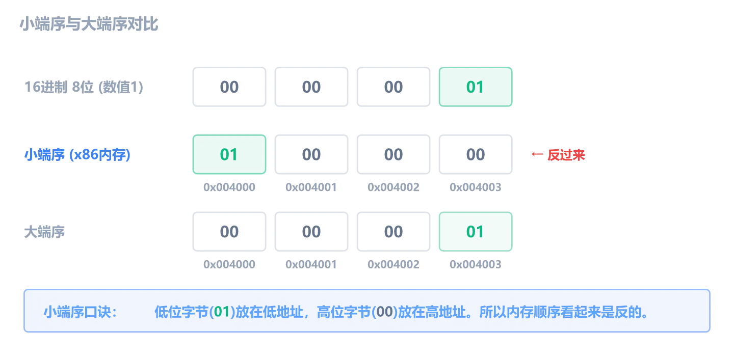 小端序示例：0x00000001 在内存中按字节存储为 01 00 00 00
