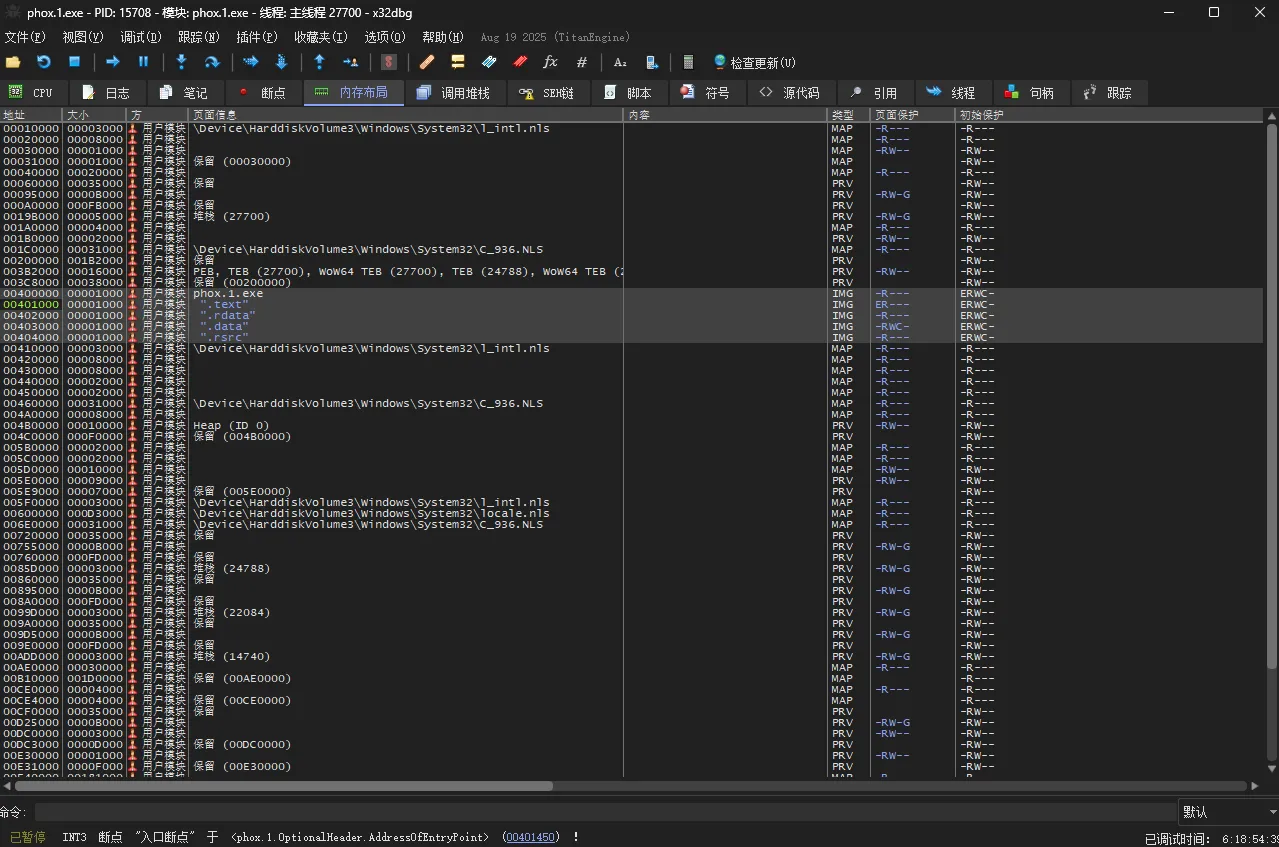 x32dbg Memory Map 显示 phox.1.exe 从 0x400000 开始，随后依次映射 .text、.rdata、.data 和 .rsrc